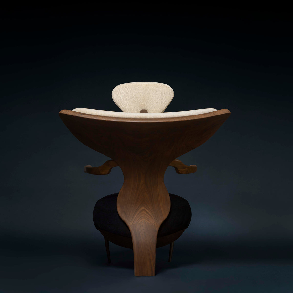 Fauteuil Sting, dos en noyer américain sculpté